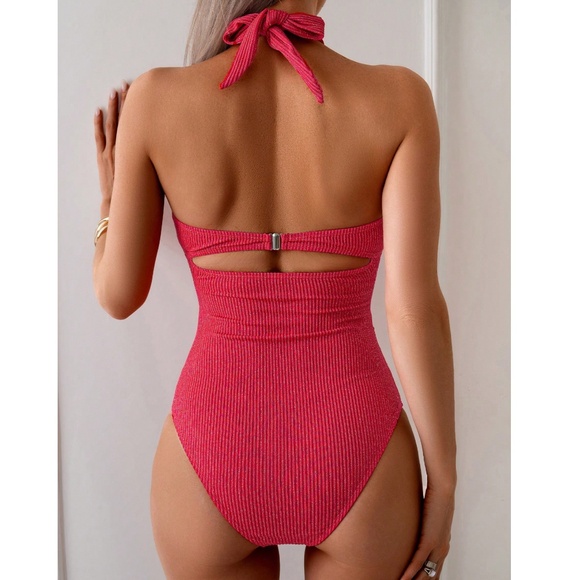 Ribbed Cut out Halter tie One Piece Monokini Swimsuit - Picture 2 of 9